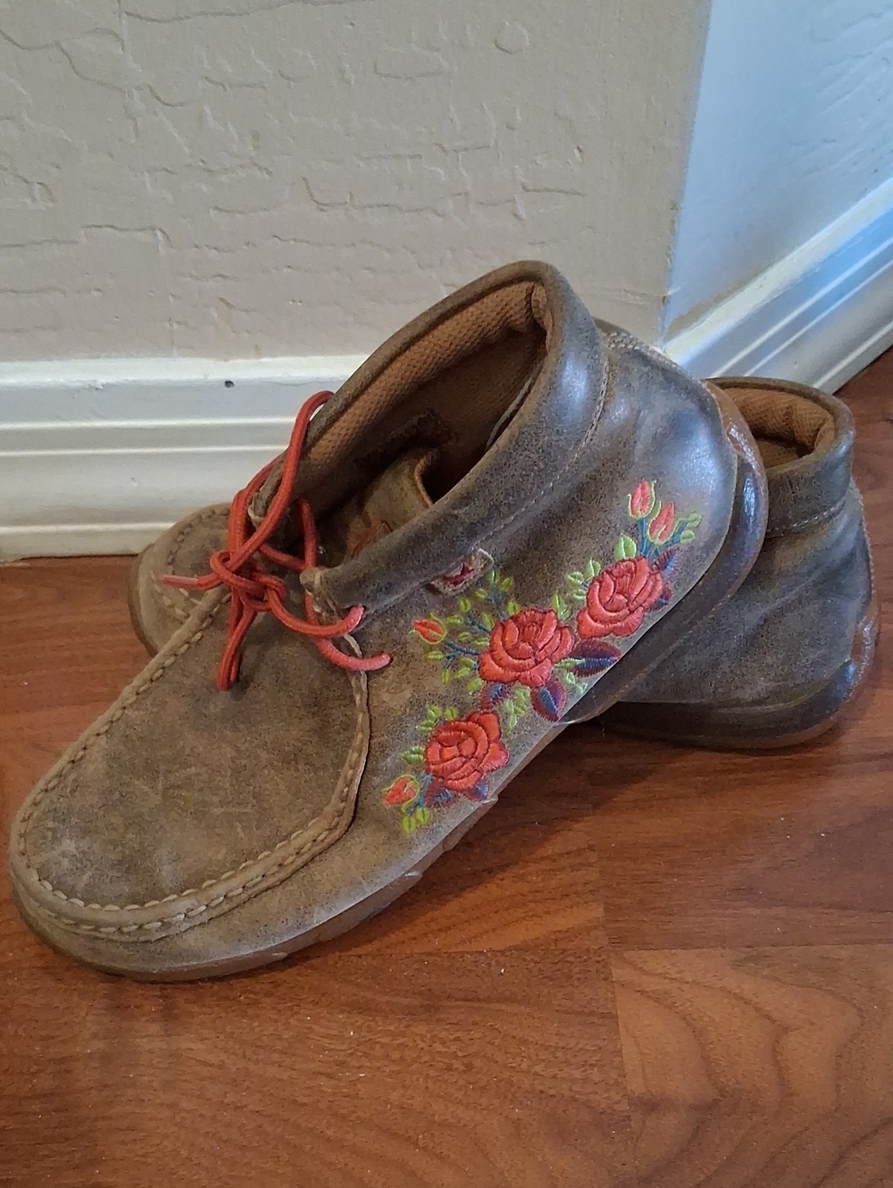 Boots Brown Ankle Moccasin Boot with Red Rose Embroidery